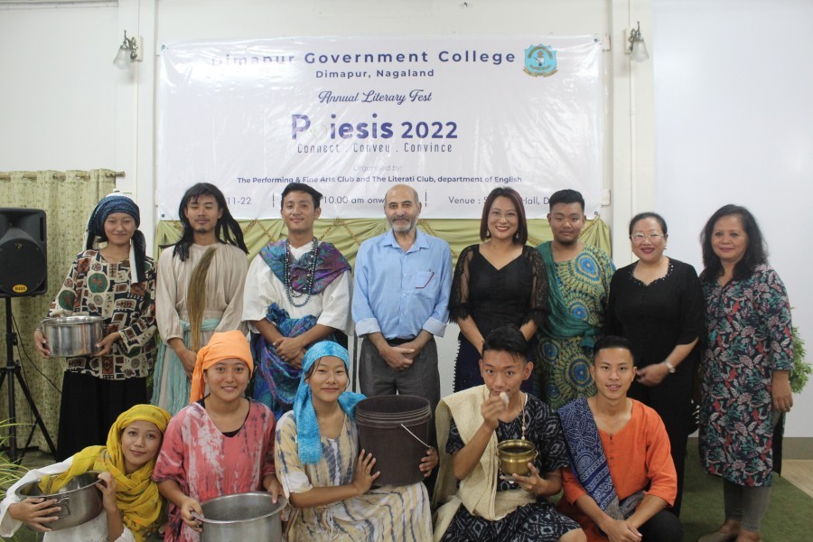Dimapur Government College (DGC) debuted Poiesis, its intra-collegiate annual literary fest on November 4 under the theme Poiesis 2022 ‘Connect. Convey. Convince’. Initiated by the department of English and jointly organised by Performing & Fine Arts Club and Literati Club, DGC, and funded by the College & IQAC, DGC, the fest consisted of literary and painting competitions and a short play “The Pot of Gold” written and directed by I Suzzana Yaden, recently retired faculty in English, DGC. In a special tribute to Prof Temsula Ao, the poetry recitation competition contestants recited a selection of poems from her most collection “Songs”.  A workshop on the topic “Speak with Confidence” was conducted for the English Honours students of DGC by T Imsunaro Ao, Associate Professor, department of Functional English, Fazl Ali College, Mokokchung.
